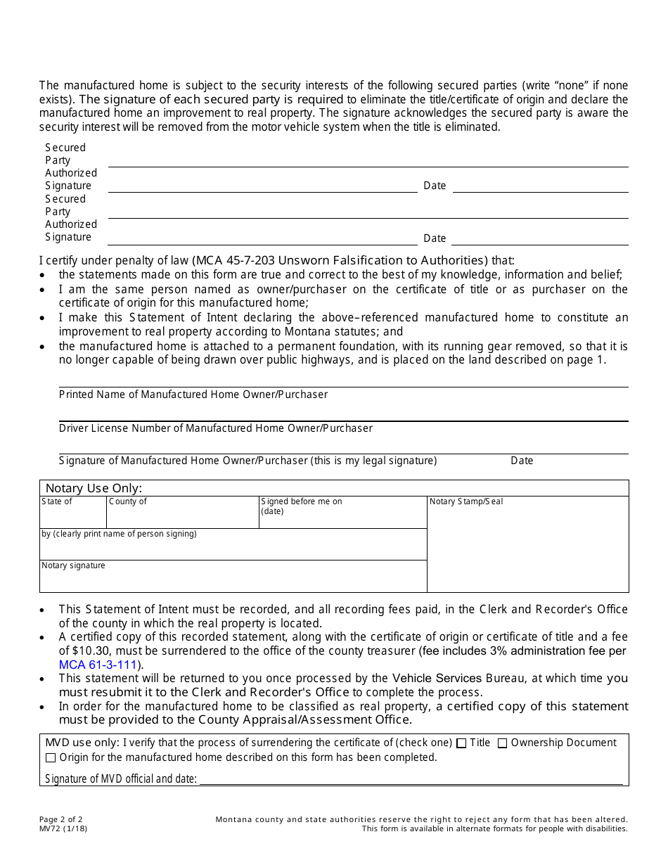 Form MV72 Statement of Intent to Declare a Manufactured Home an Improvement to Real Property - Montana, Page 2