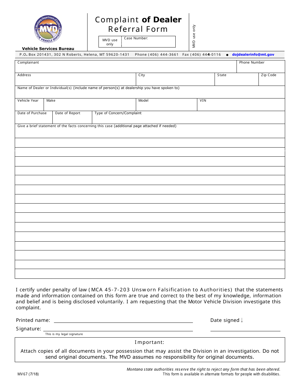 Form MV67 Complaint of Dealer Referral Form - Montana, Page 2