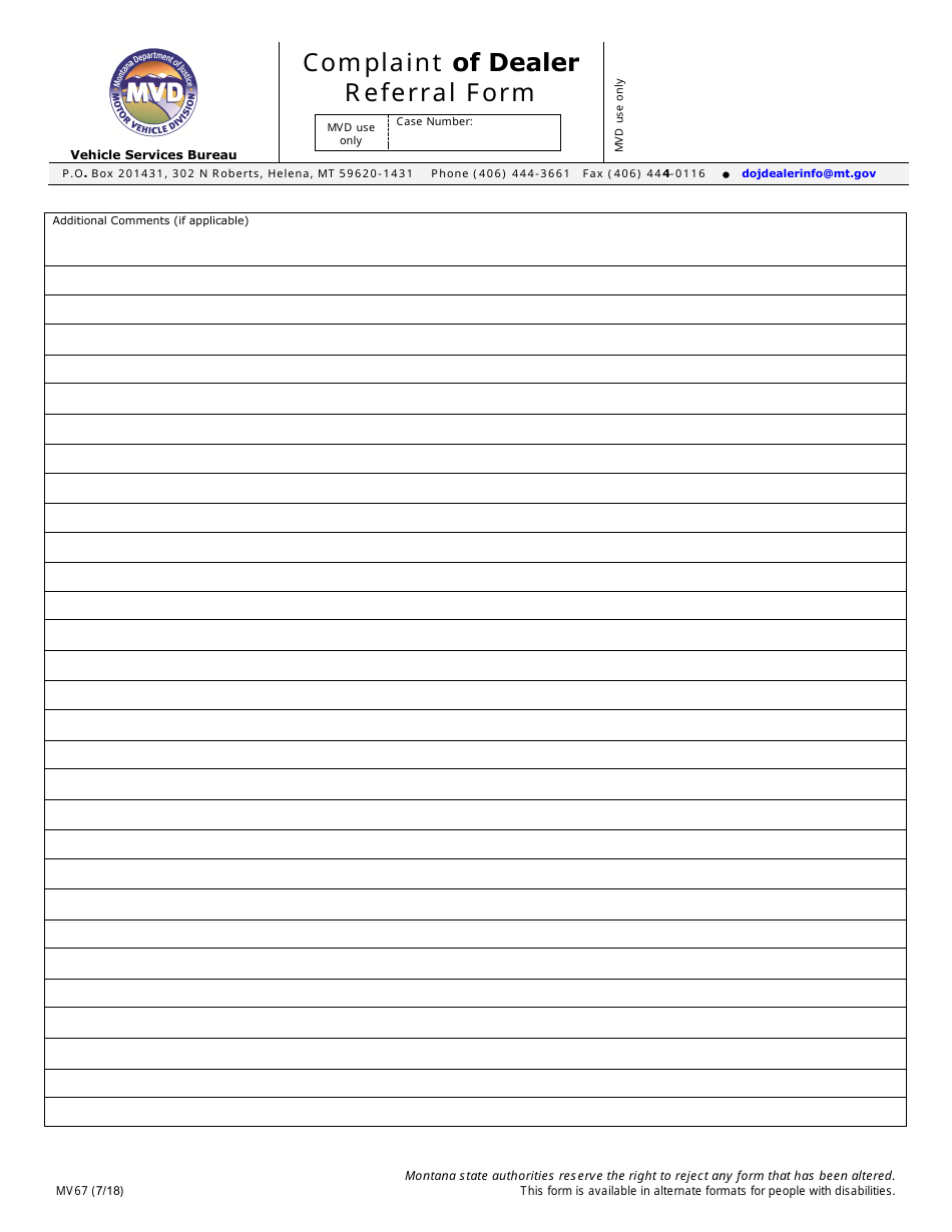 Form MV67 Complaint of Dealer Referral Form - Montana, Page 3