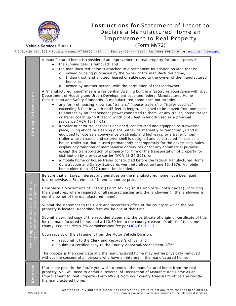 Instructions for Form MV72 Statement of Intent to Declare a Manufactured Home an Improvement to Real Property - Montana, Page 1