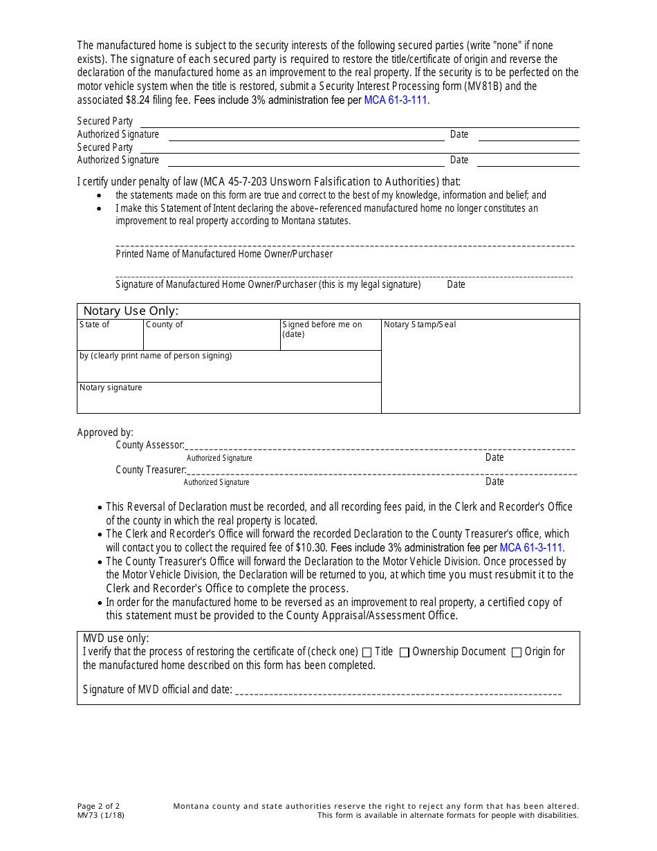 Form MV73 Reversal of Declaration of Manufactured Home as Improvement to Real Property - Montana, Page 2