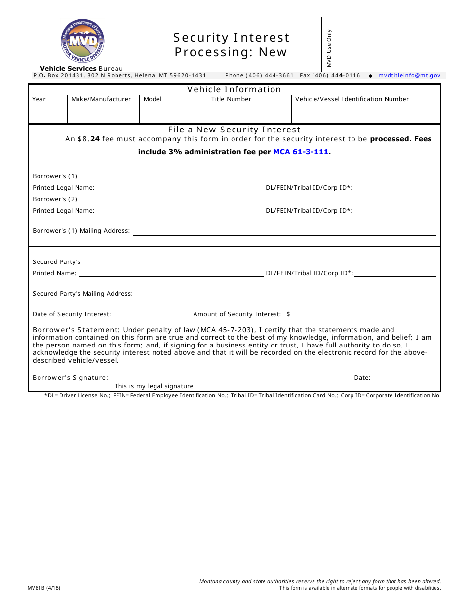 Form MV81B Security Interest Processing: New - Montana, Page 1