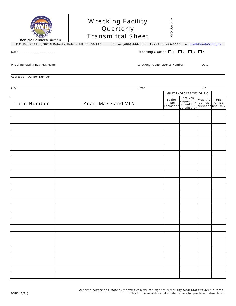 Form MV86 Wrecking Facility Quarterly Transmittal Sheet - Montana, Page 1