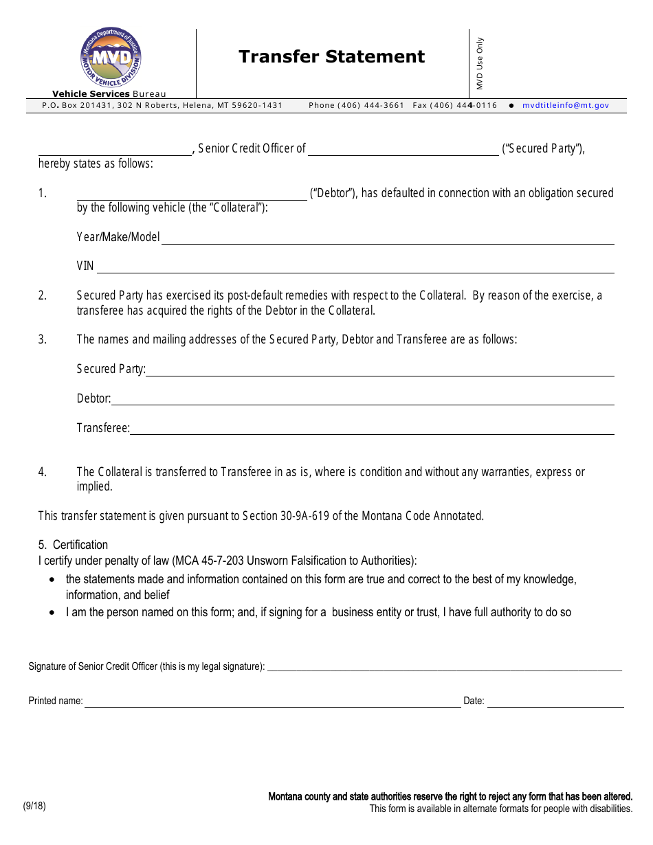 Transfer Statement Form - Montana, Page 1