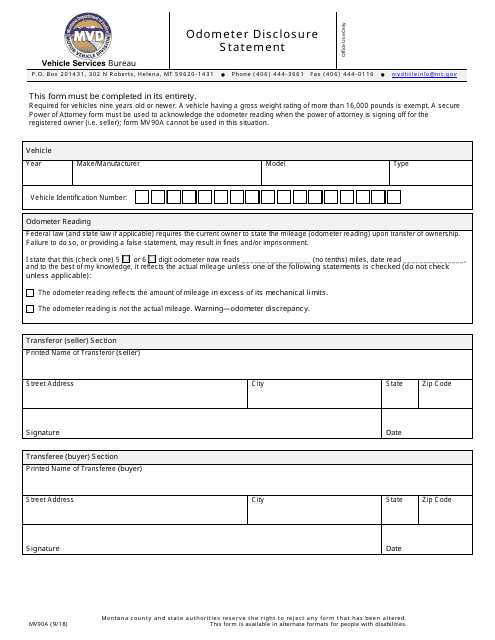 Form MV90A Odometer Disclosure Statement - Montana