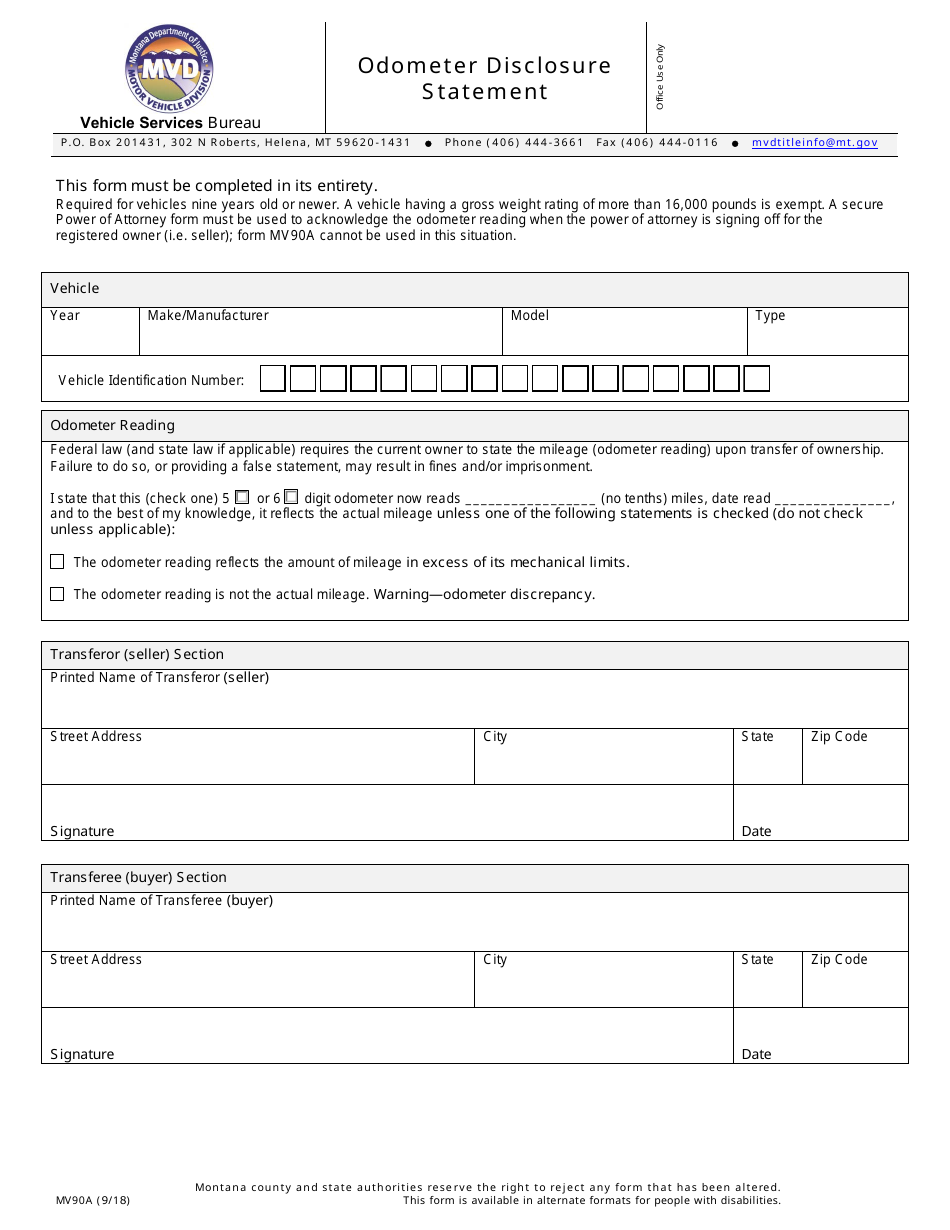 Form MV90A Odometer Disclosure Statement - Montana, Page 1