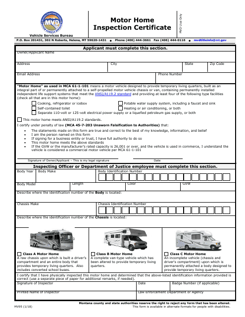Form MV95 Motor Home Inspection Certificate - Montana