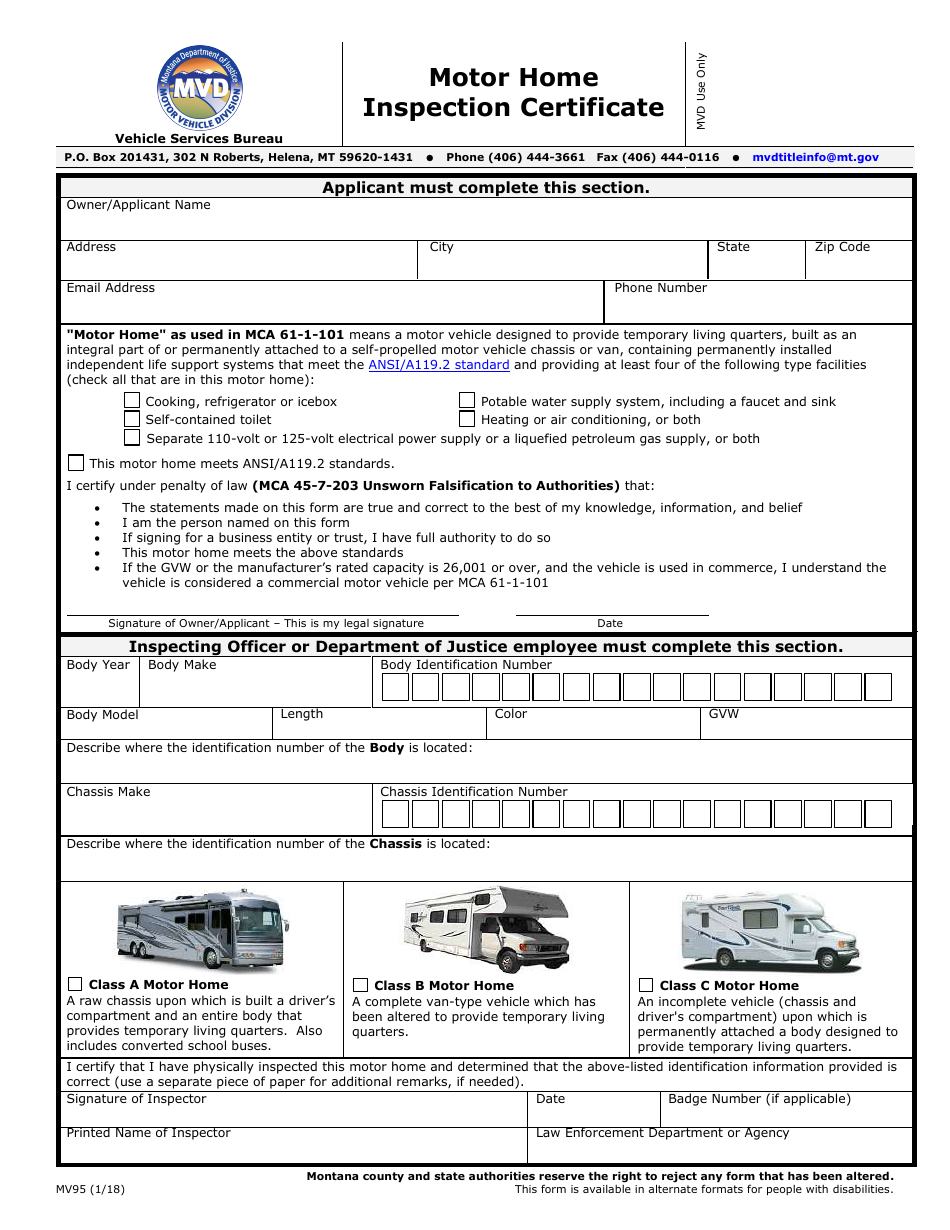 Form MV95 Motor Home Inspection Certificate - Montana, Page 1