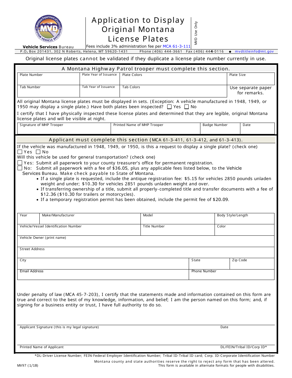 Form MV97 Application to Display Original Montana License Plates - Montana, Page 1