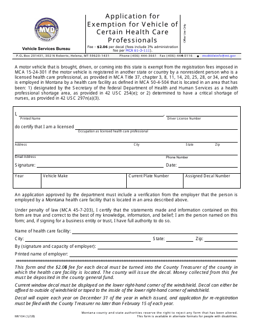 Form MV104 Application for Exemption for Vehicle of Certain Health Care Professionals - Montana