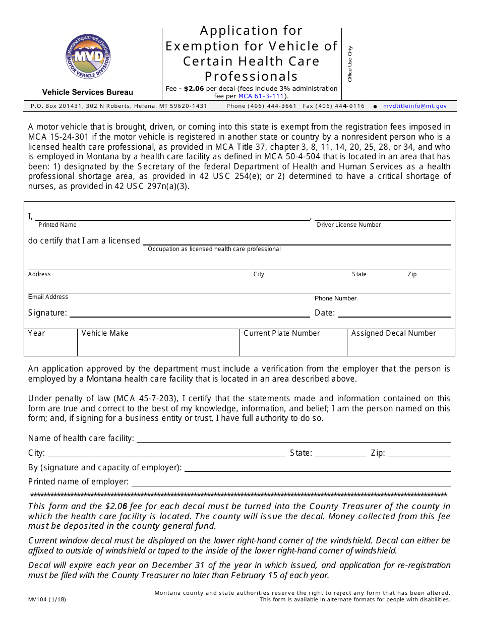 Form MV104 Application for Exemption for Vehicle of Certain Health Care Professionals - Montana, Page 1