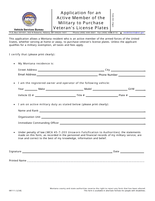 Form MV111 Application for an Active Member of the Military to Purchase Veteran&#039;s License Plates - Montana