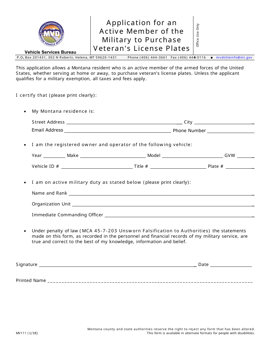 Form MV111 Application for an Active Member of the Military to Purchase Veterans License Plates - Montana, Page 1