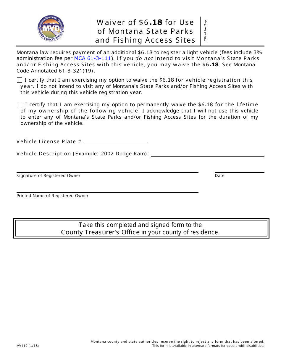 Form MV119 Waiver of $6.18 for Use of Montana State Parks and Fishing Access Sites - Montana, Page 1