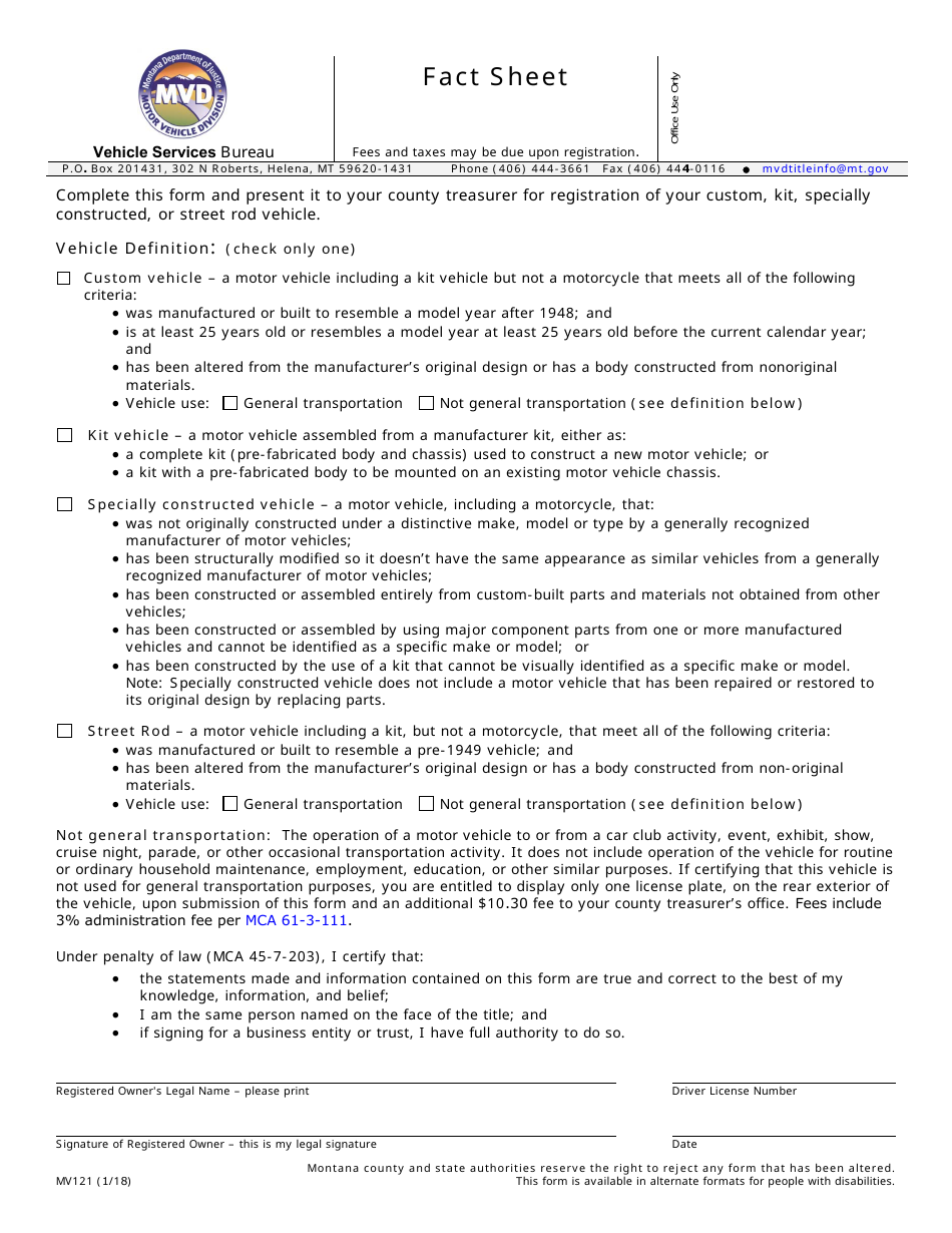 Form MV121 Fact Sheet - Montana, Page 1