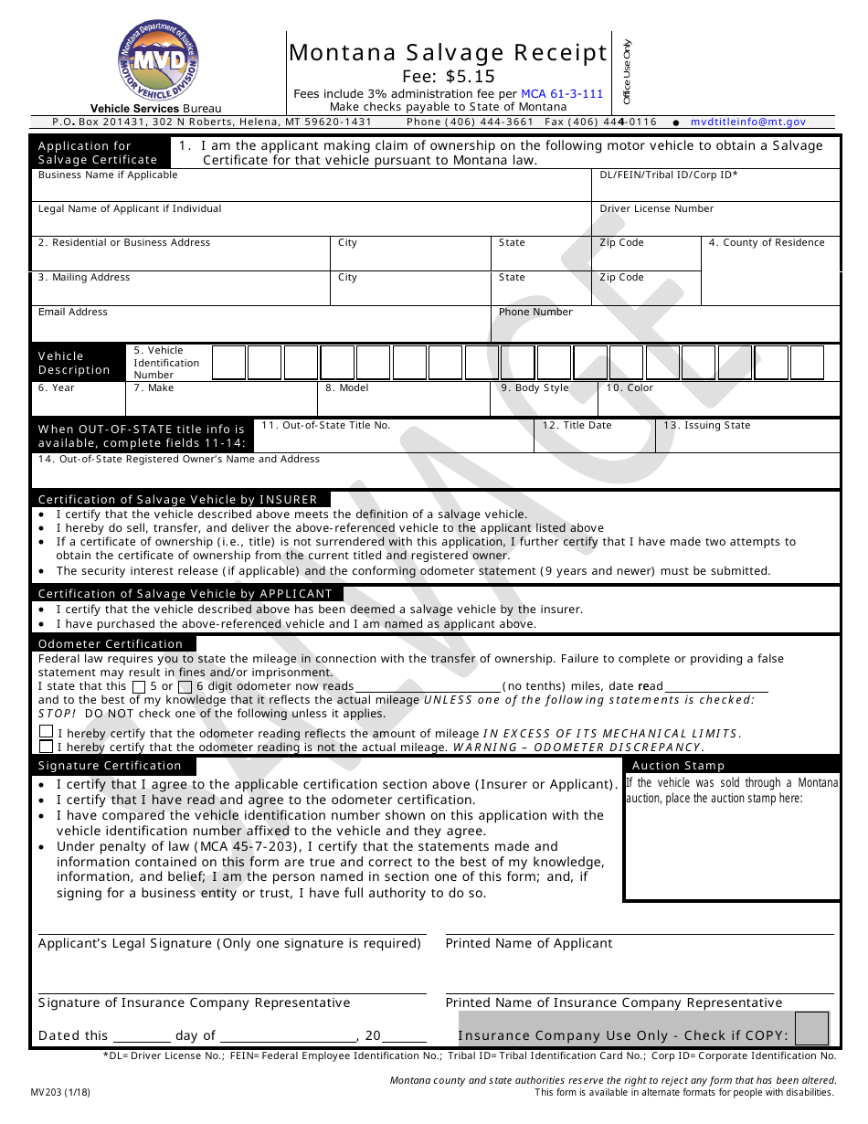 form mv203 download fillable pdf or fill online montana salvage receipt