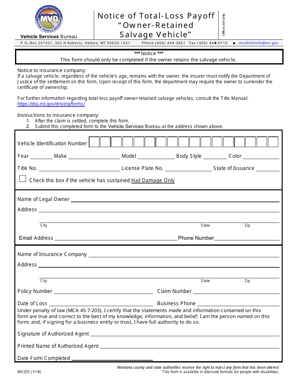 Form MV205 Notice of Total-Loss Payoff owner-Retained Salvage Vehicle - Montana, Page 1