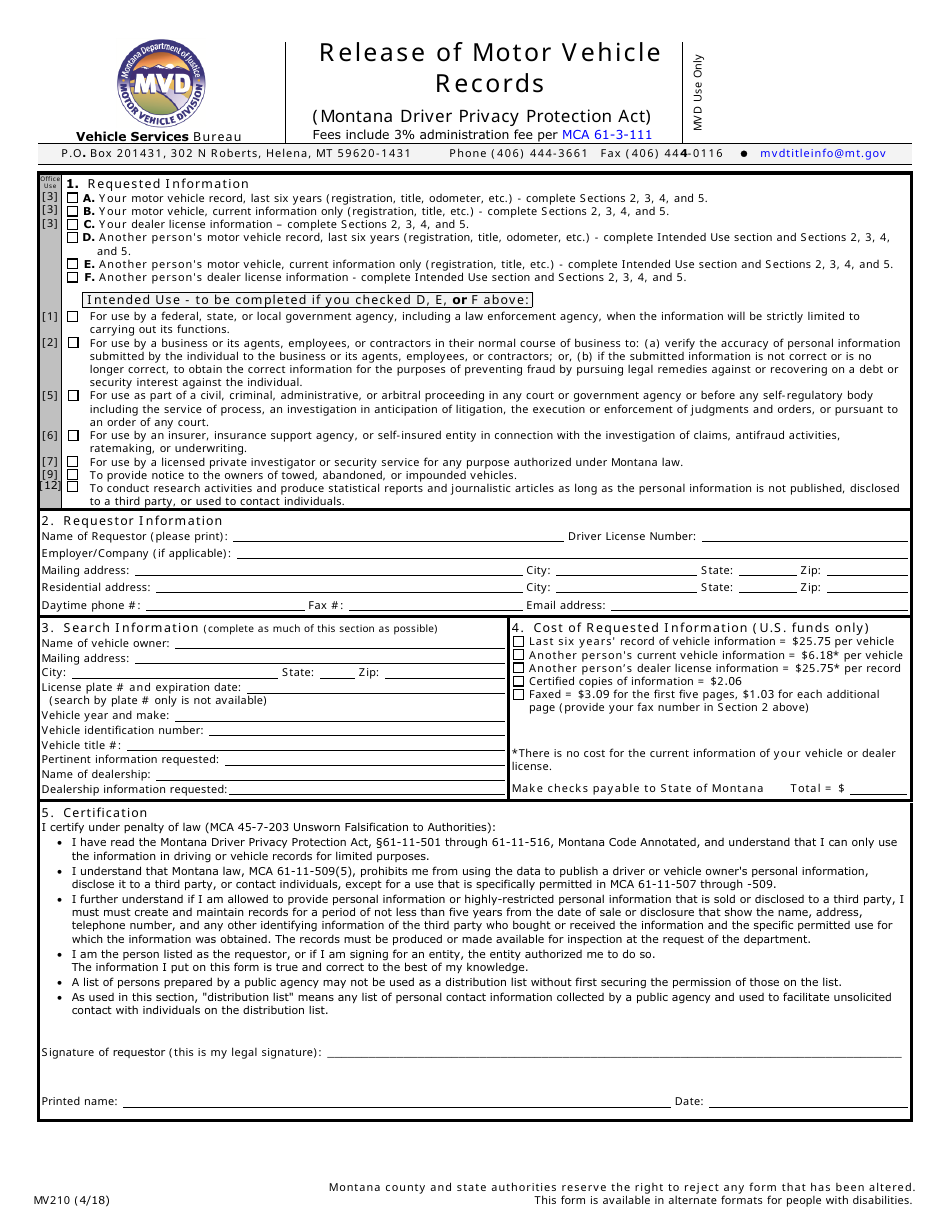 Form MV210 Release of Motor Vehicle Records - Montana, Page 1