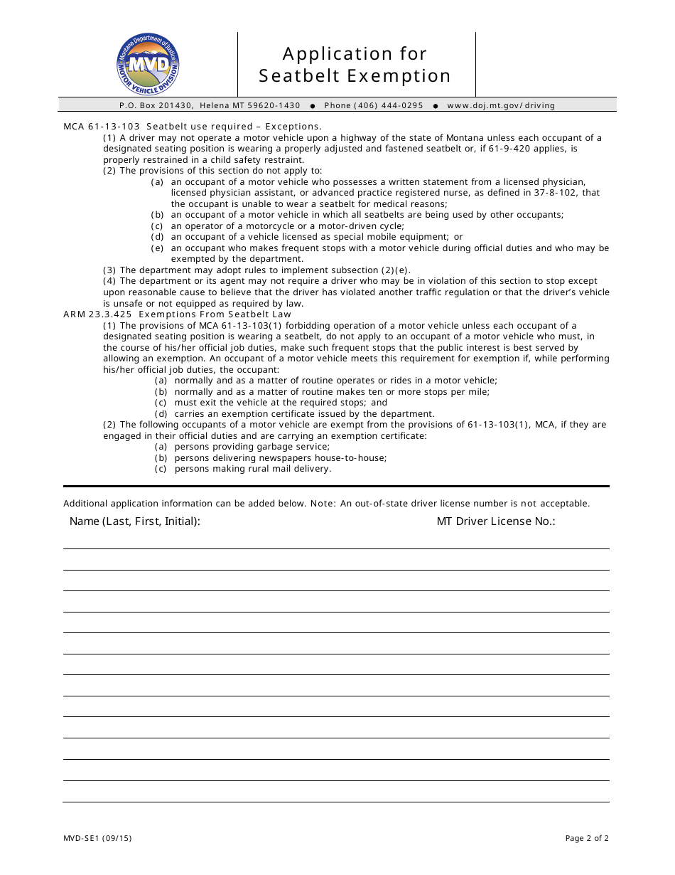 Form MVD-SE1 Application for Seatbelt Exemption - Montana, Page 2