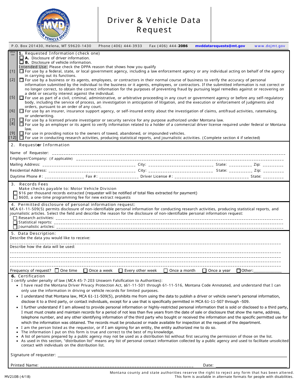 Form MV210B Driver  Vehicle Data Request - Montana, Page 1