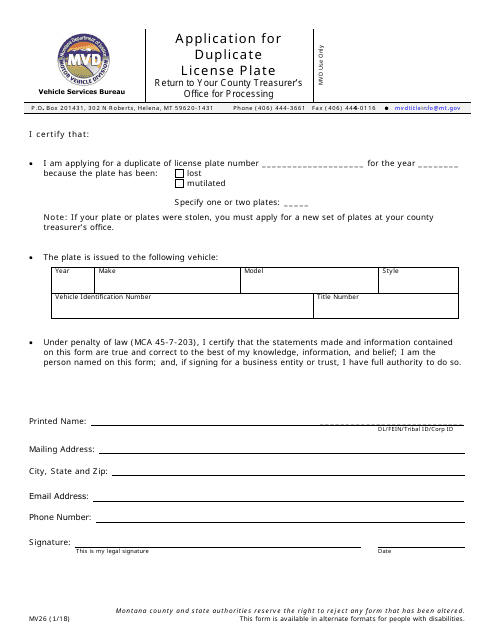 Form MV26 Application for Duplicate License Plate - Montana
