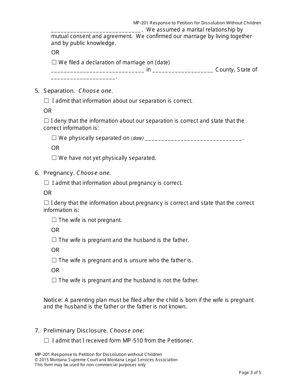 Form MP-201 Response to Petition for Dissolution of Marriage (Without Children) - Montana, Page 10