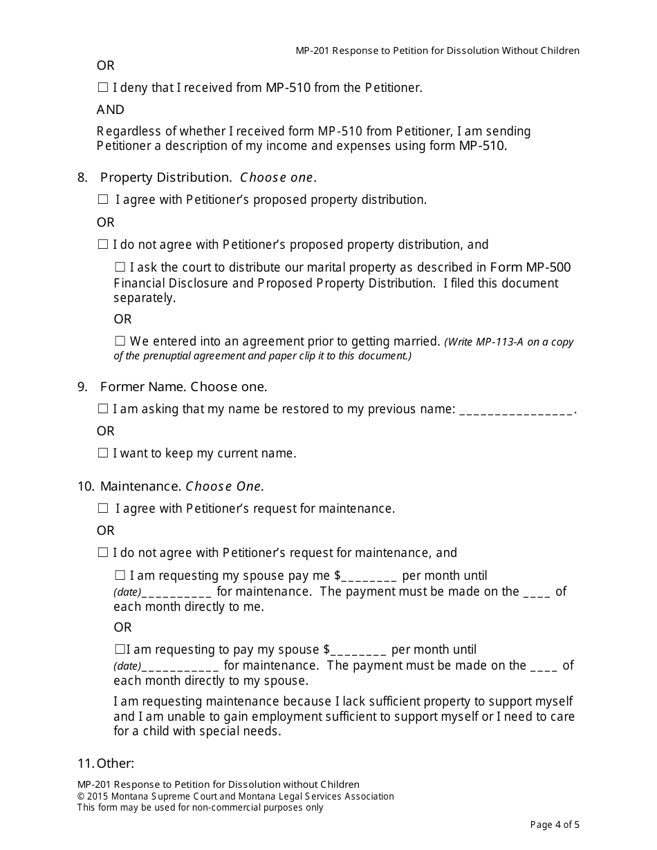 Form MP-201 Response to Petition for Dissolution of Marriage (Without Children) - Montana, Page 11