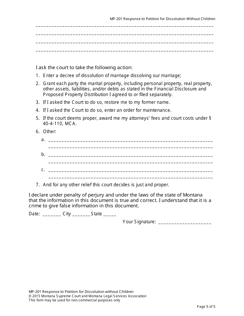 Form MP-201 Response to Petition for Dissolution of Marriage (Without Children) - Montana, Page 12