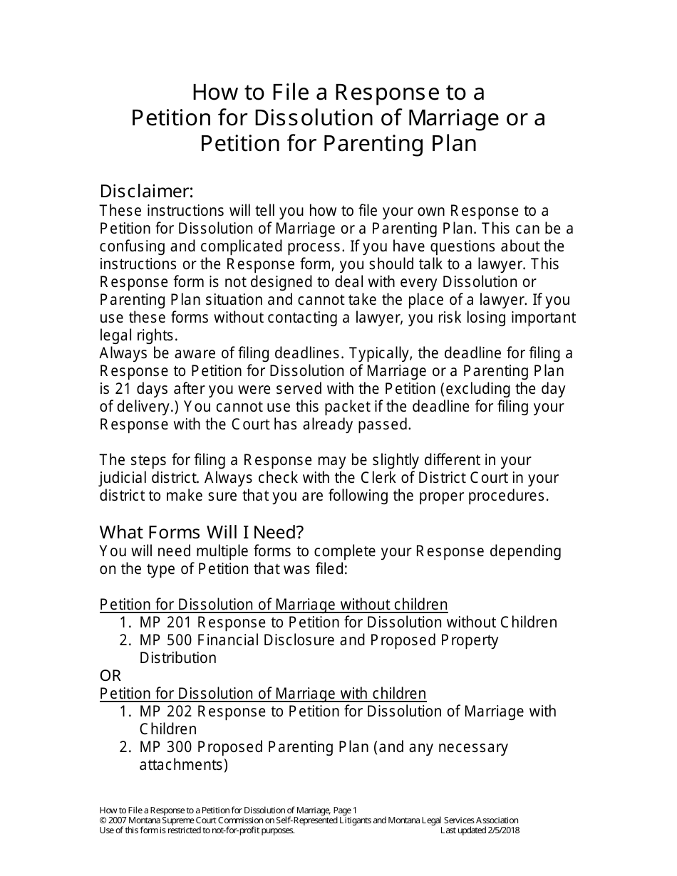 Form MP-201 Response to Petition for Dissolution of Marriage (Without Children) - Montana, Page 1