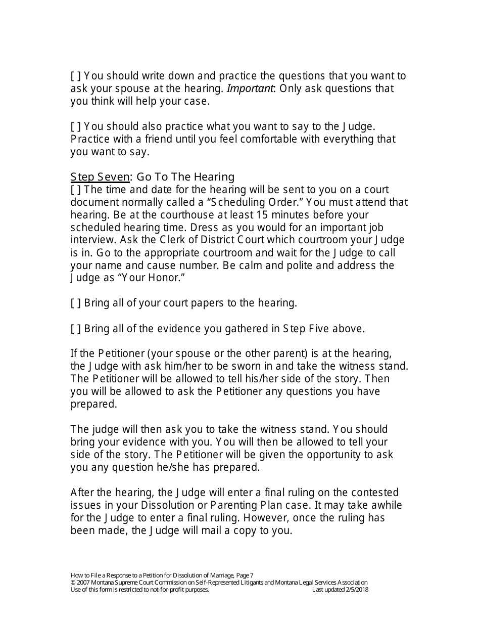 Form MP-201 Response to Petition for Dissolution of Marriage (Without Children) - Montana, Page 7