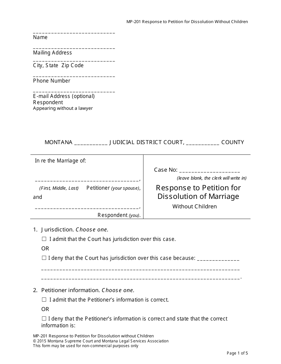 Form MP-201 Response to Petition for Dissolution of Marriage (Without Children) - Montana, Page 8