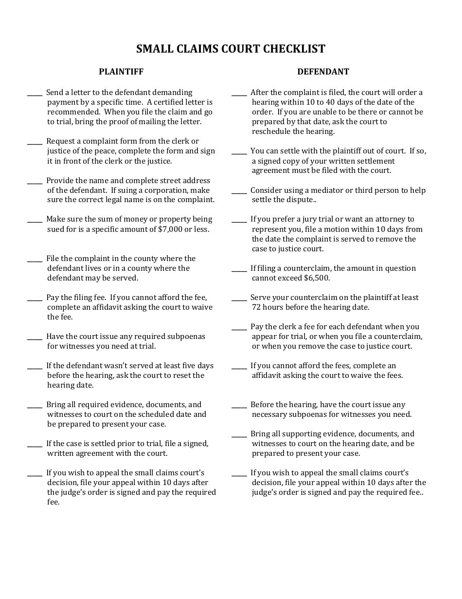 Small Claims Court Checklist Form - Montana, Page 1