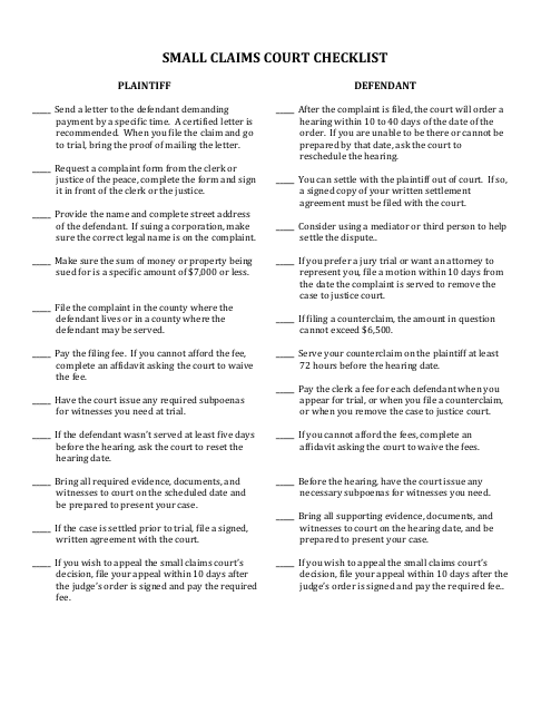 Small Claims Court Checklist Form - Montana Download Pdf