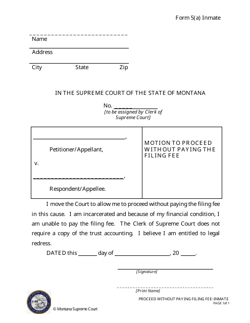 Form 5(A) INMATE Motion to Proceed Without Paying the Filing Fee - Montana