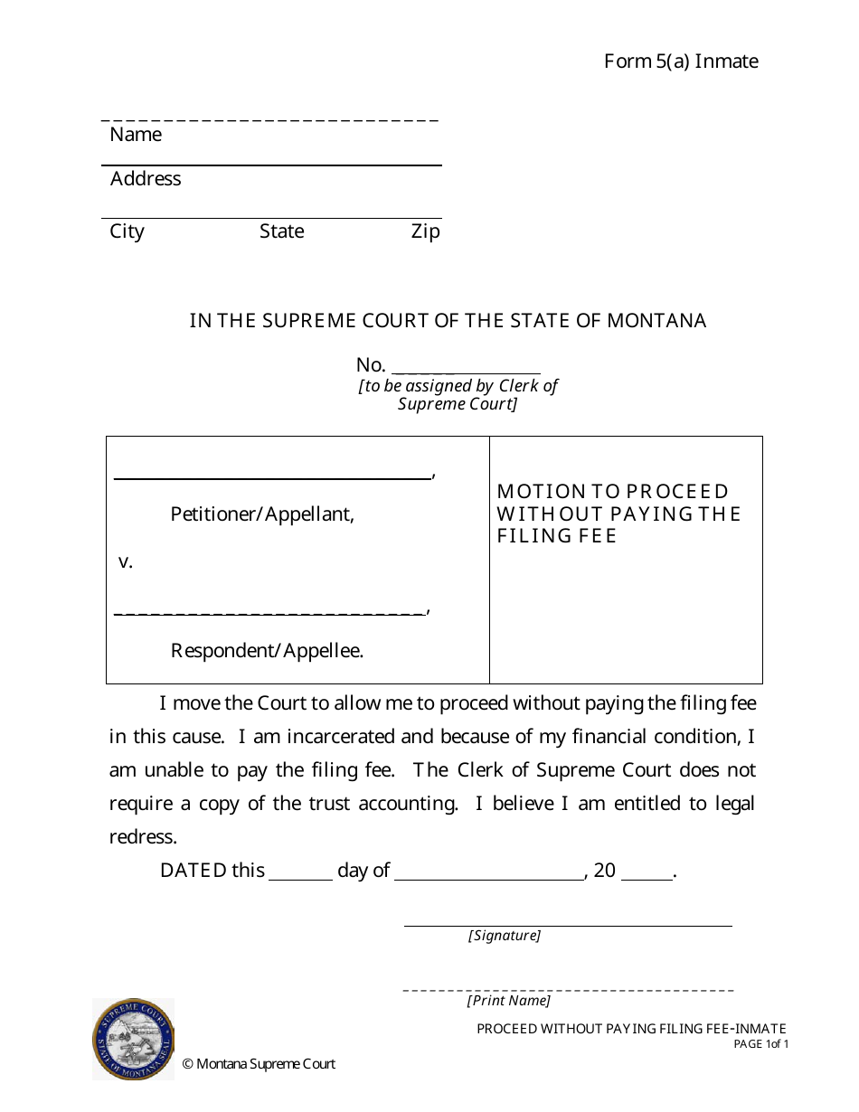 Form 5(A) INMATE Motion to Proceed Without Paying the Filing Fee - Montana, Page 1