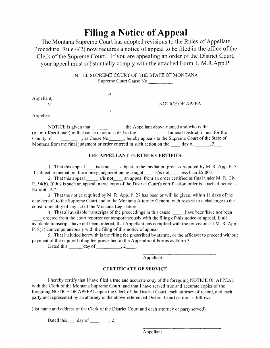 Montana Notice of Appeal - Fill Out, Sign Online and Download PDF ...