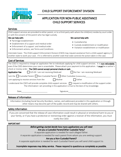 Application for Non-public Assistance Child Support Services - Montana Download Pdf