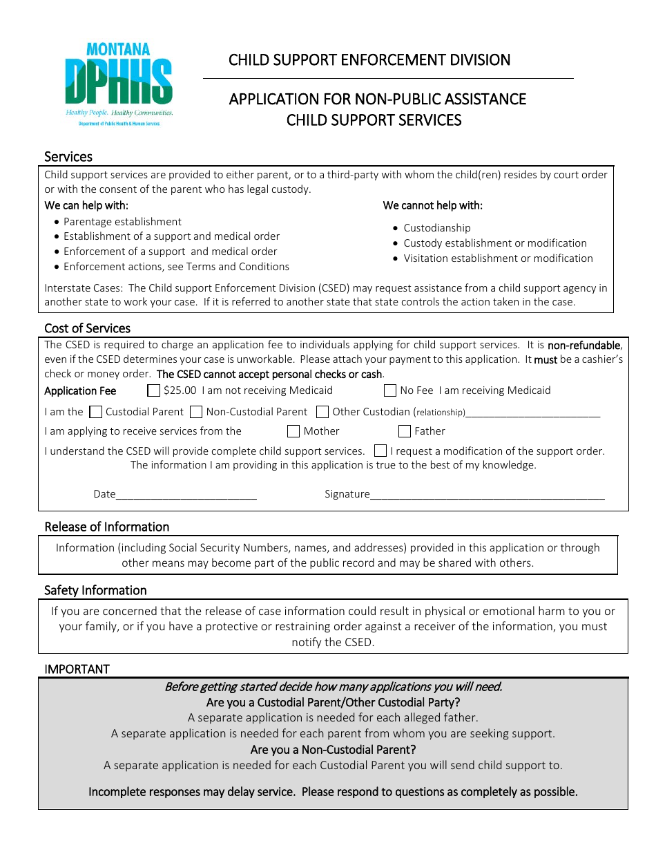 Application for Non-public Assistance Child Support Services - Montana, Page 1