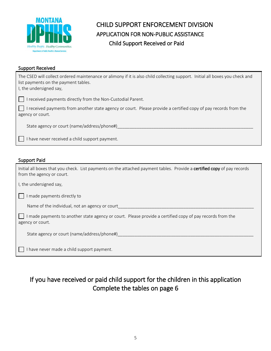 Application for Non-public Assistance Child Support Services - Montana, Page 5