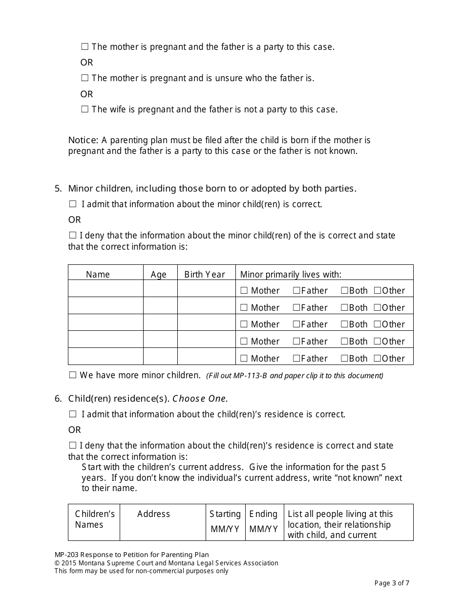 Form MP-203 Response to Petition for Parenting Plan - Montana, Page 10