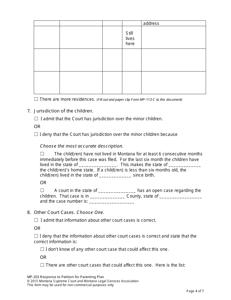 Form MP-203 Response to Petition for Parenting Plan - Montana, Page 11