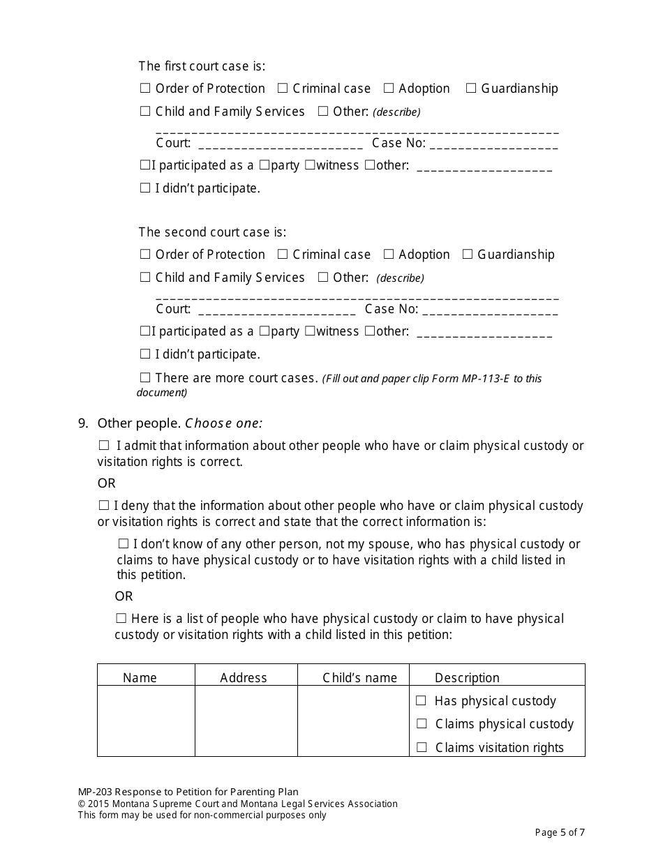 Form MP-203 Response to Petition for Parenting Plan - Montana, Page 12