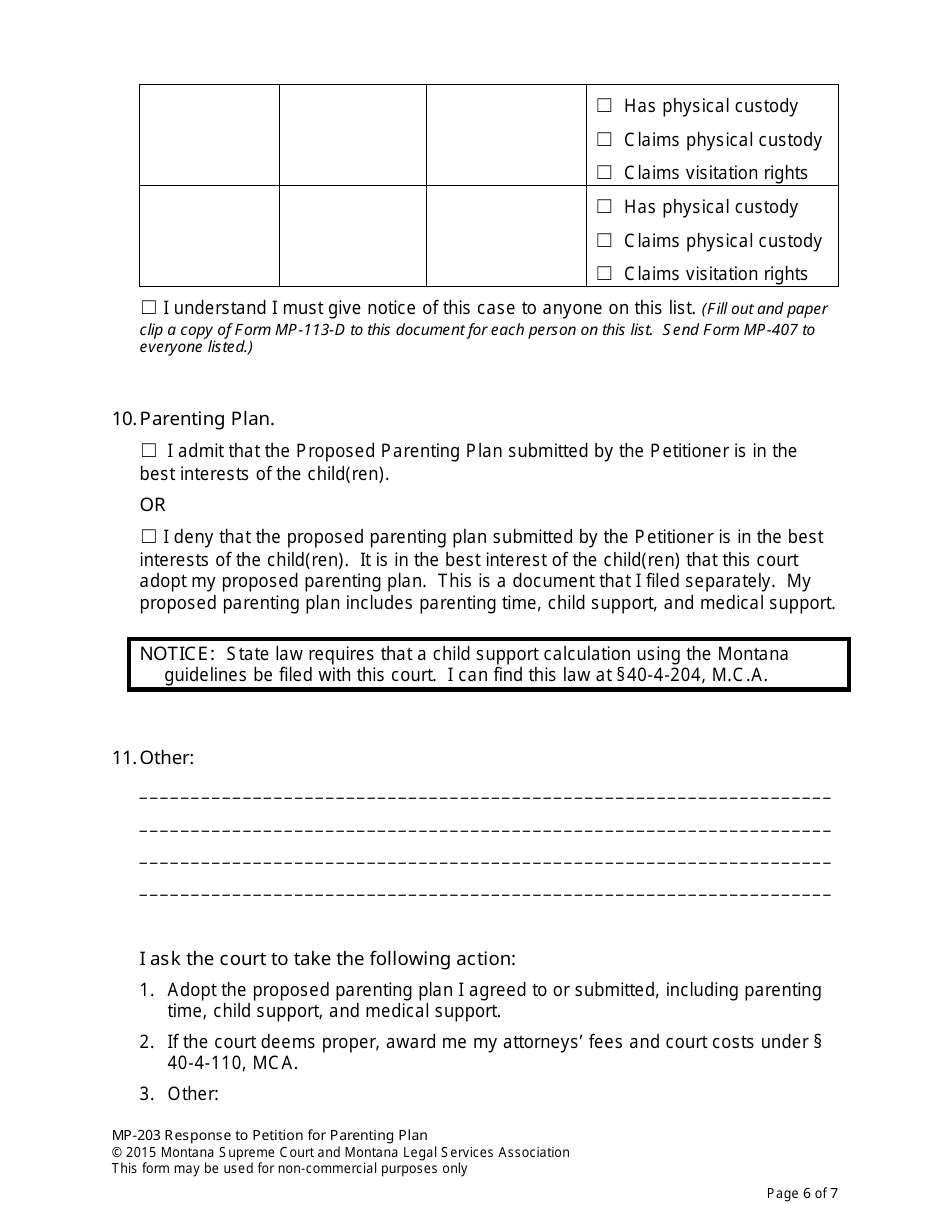 Form MP-203 Response to Petition for Parenting Plan - Montana, Page 13