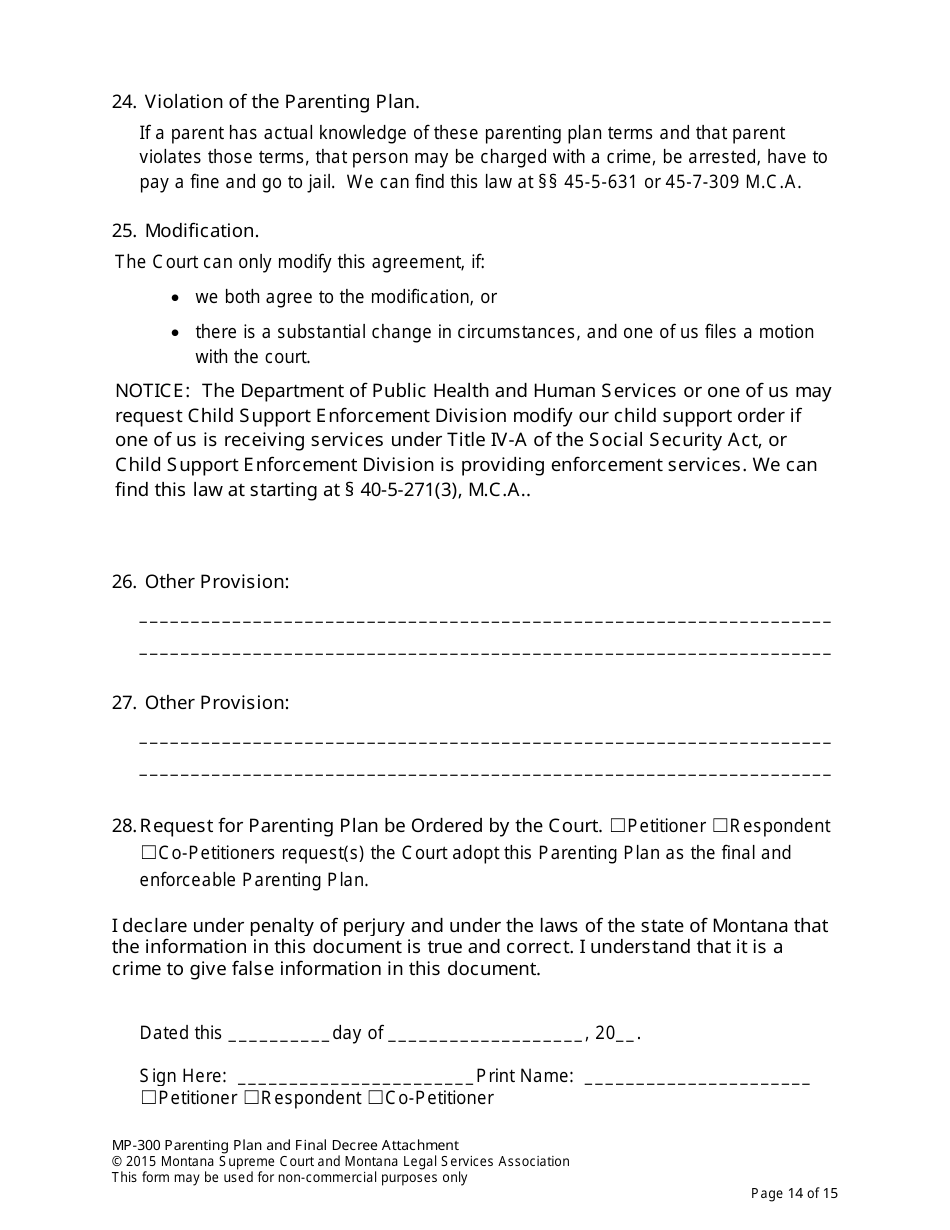 Form MP-203 Response to Petition for Parenting Plan - Montana, Page 28