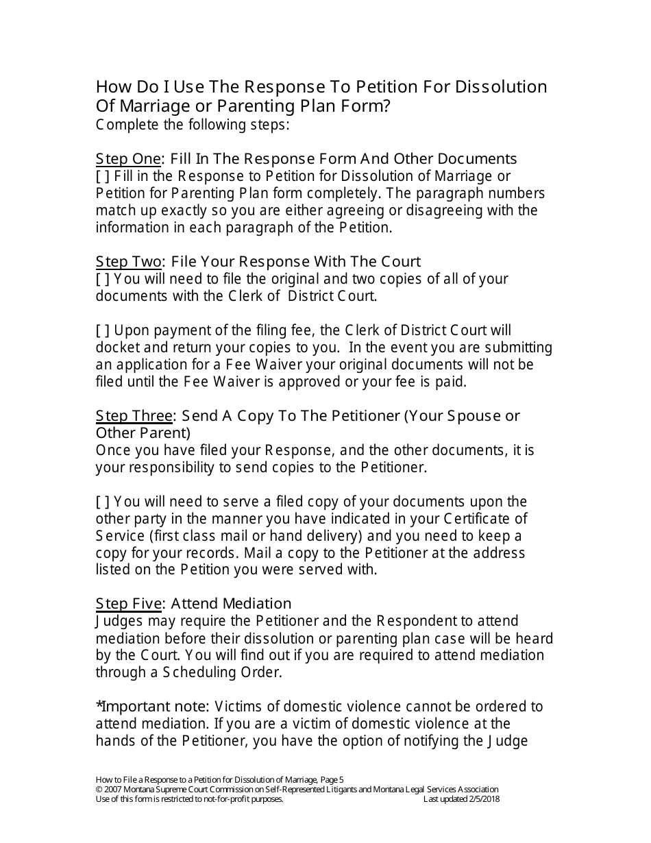 Form MP-203 Response to Petition for Parenting Plan - Montana, Page 5
