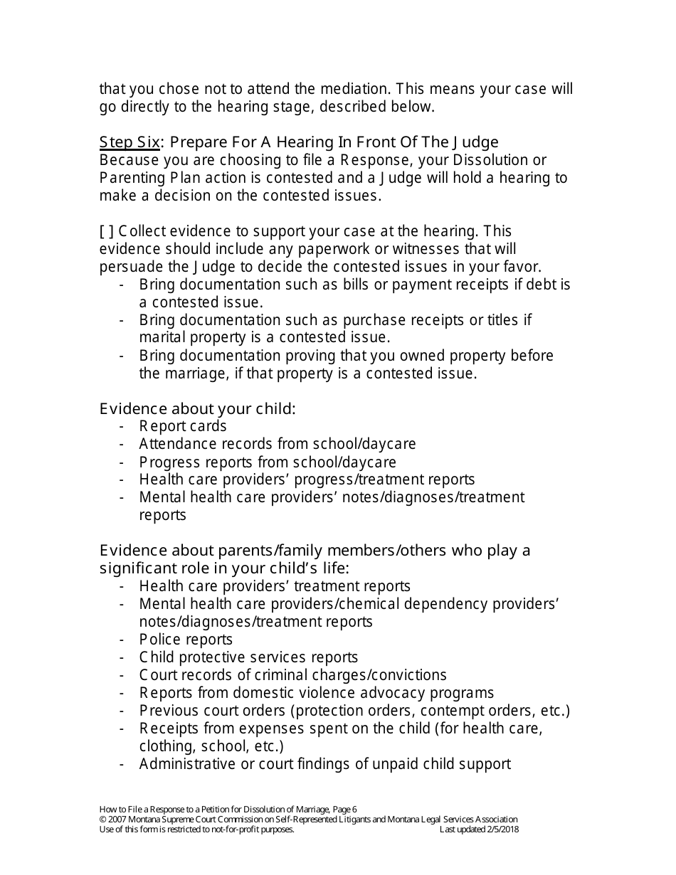 Form MP-203 Response to Petition for Parenting Plan - Montana, Page 6