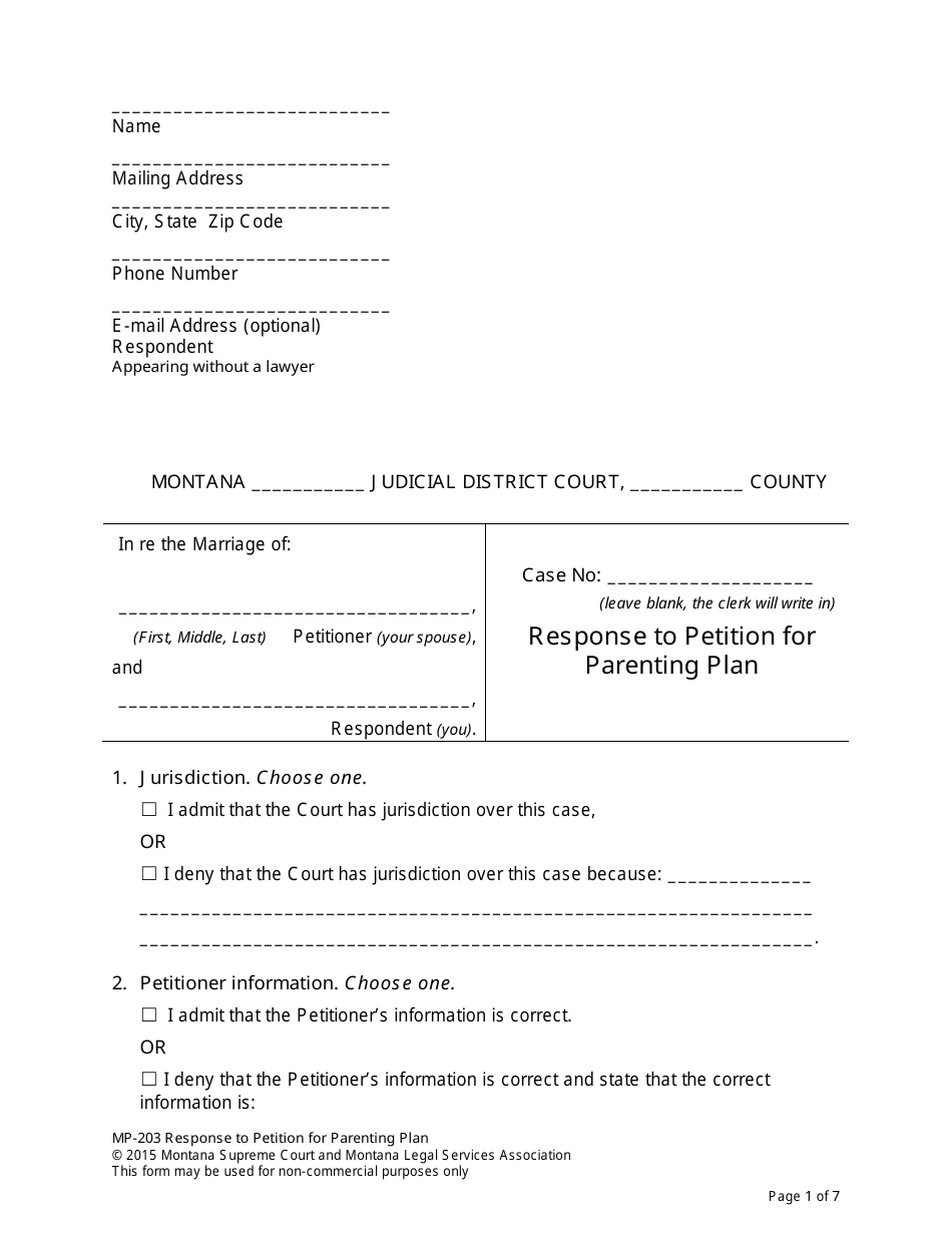 Form MP-203 Response to Petition for Parenting Plan - Montana, Page 8