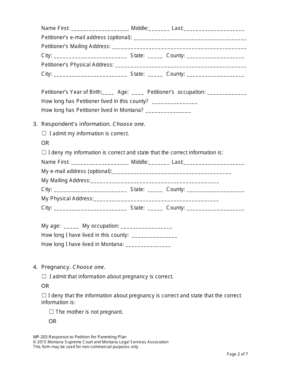 Form MP-203 Response to Petition for Parenting Plan - Montana, Page 9