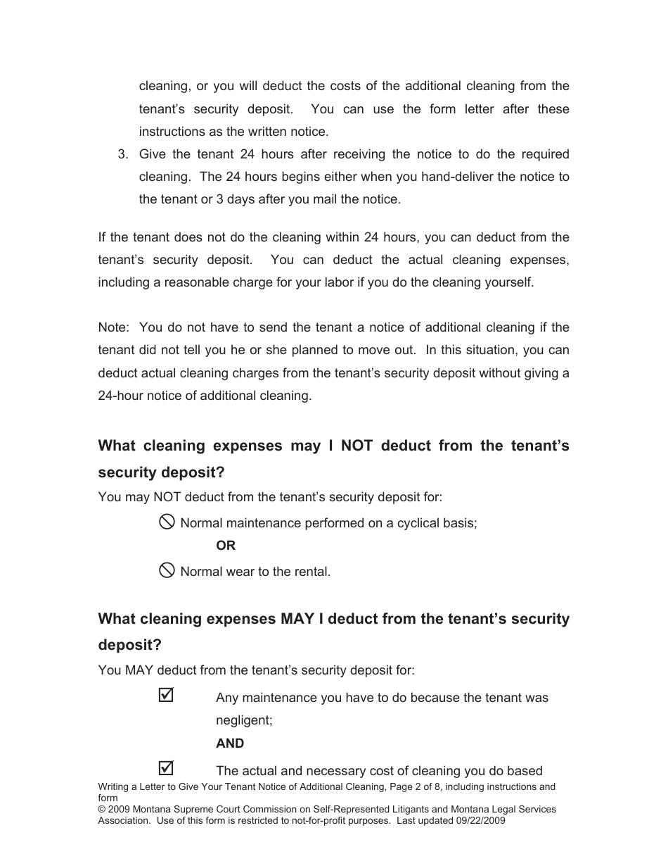 Letter to Give Your Tenant Notice of Additional Cleaning - Montana, Page 2