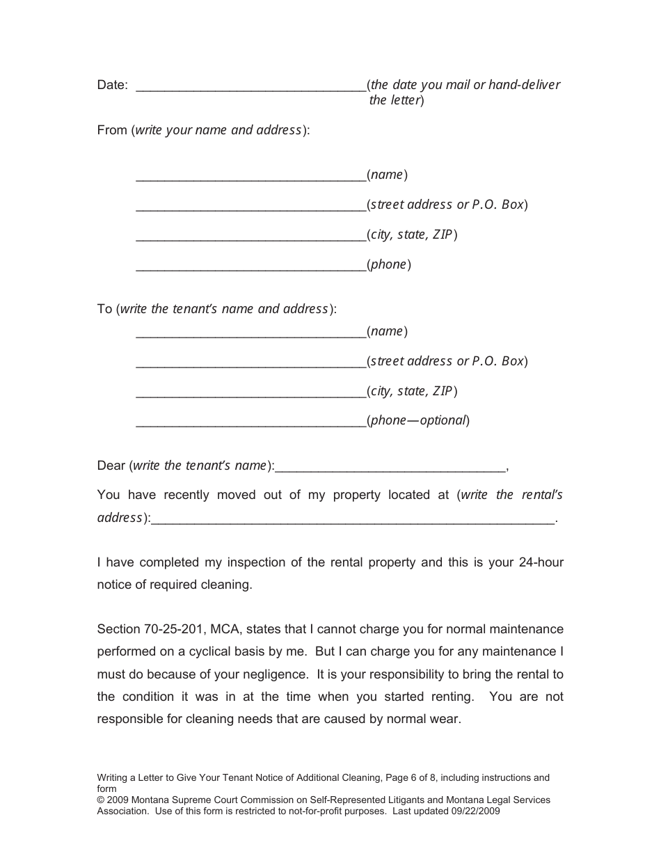 Letter to Give Your Tenant Notice of Additional Cleaning - Montana, Page 6